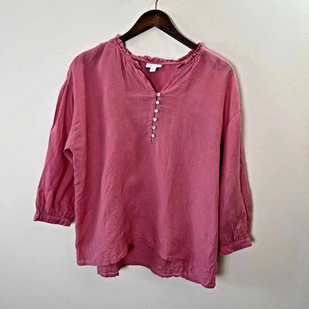 J Jill Womens Linen Ruffle Blouse S‎ Pink Cottagecore Romantic Resort Breathable